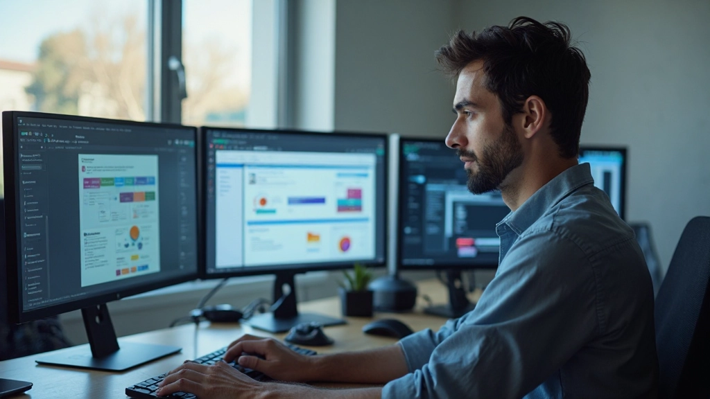 Современное рабочее пространство с мониторами и приложениями для автоматизации