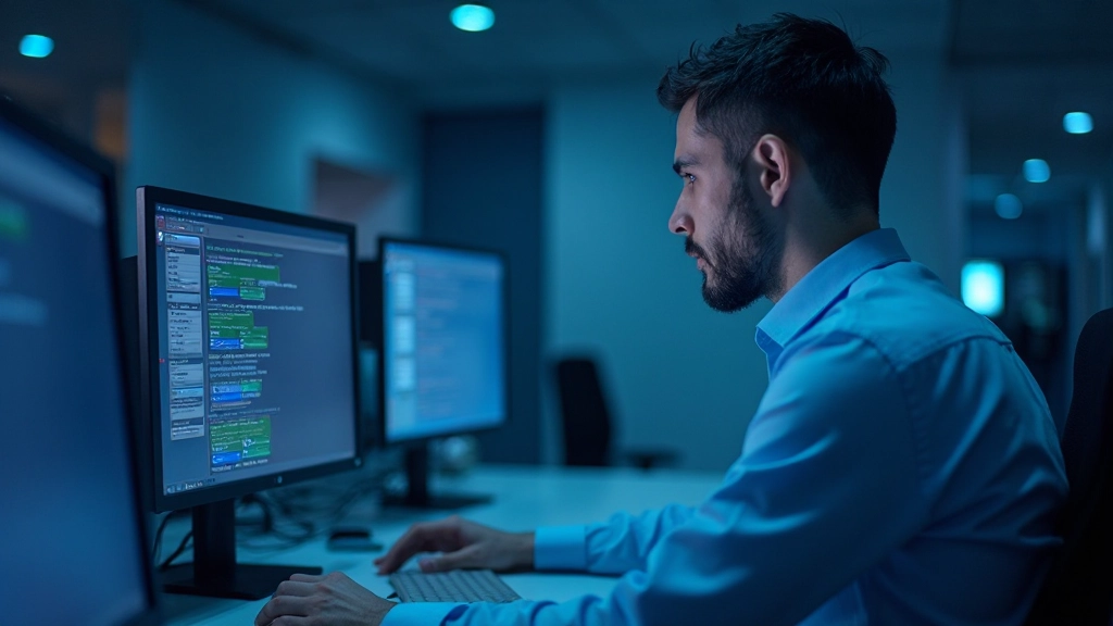 Системный администратор проверяет настройки безопасности облачного хранилища на рабочем столе