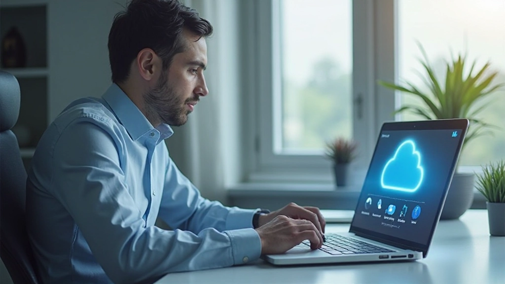 Профессиональное фото человека, использующего облачное хранилище на ноутбуке